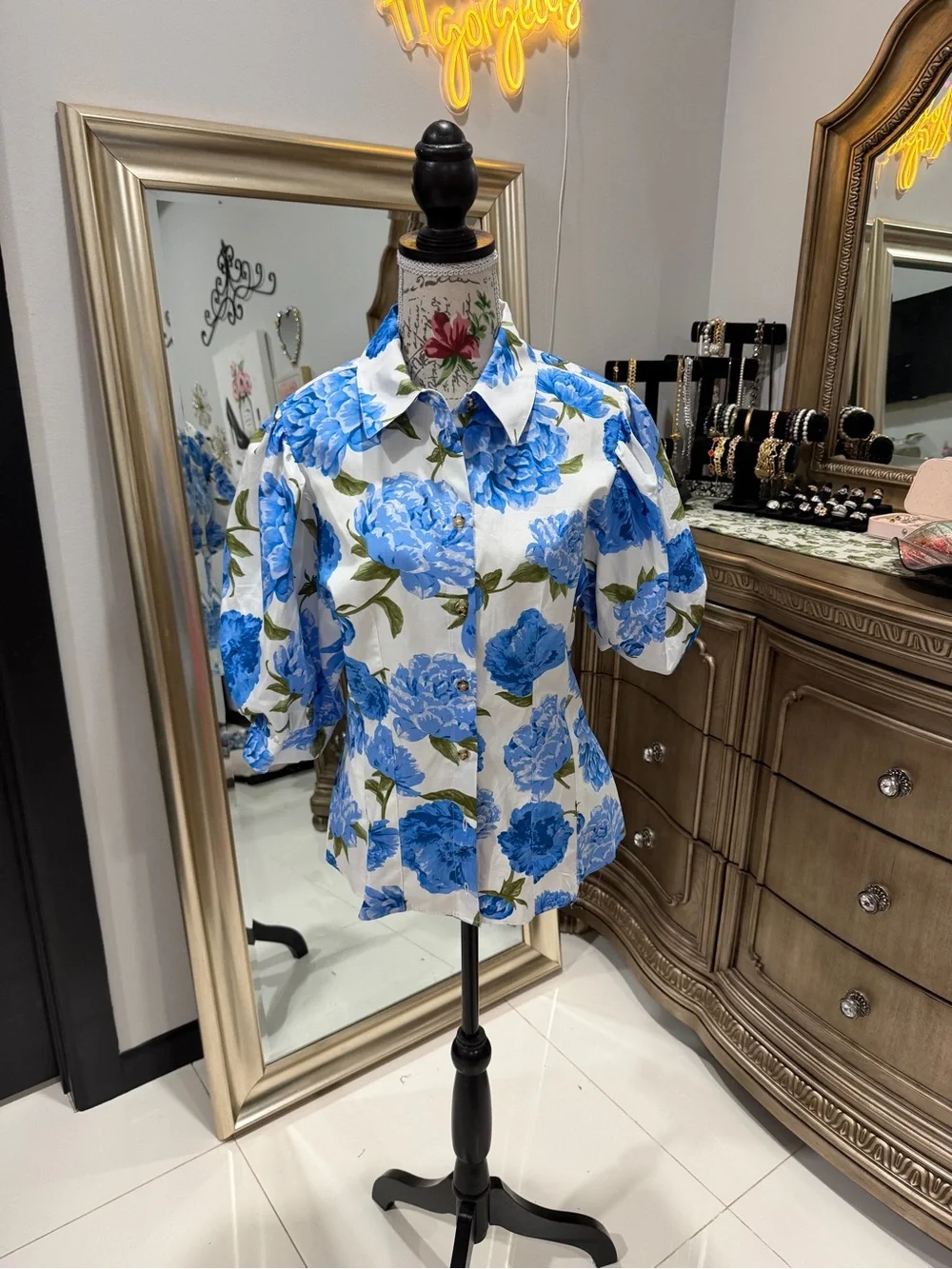 Zara White Button-Up Top with Blue Floral Puff Sleeves